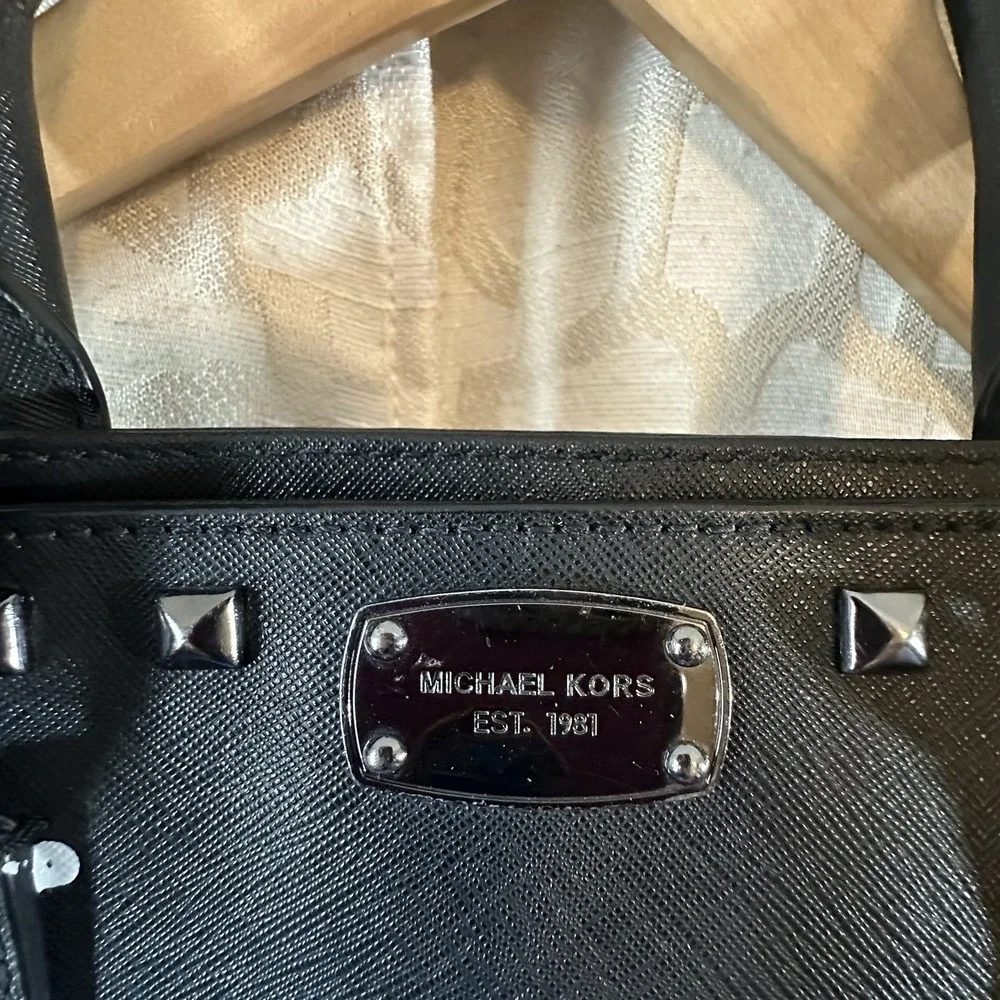Michael Kors Black Saffiano Leather Studded Satchel Bag Handbag Purse